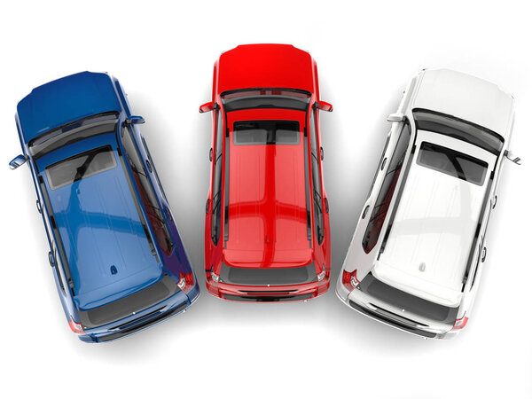 Blue, red, and white modern SUVs - top down view