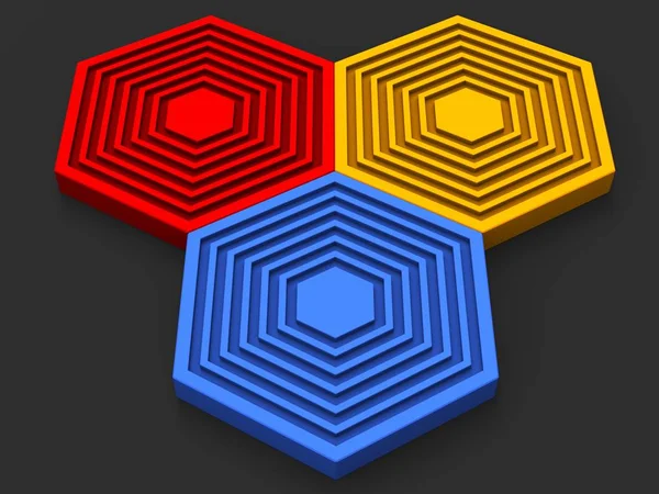 Beaux hexagones rouges, bleus et jaunes reconstitués — Photo