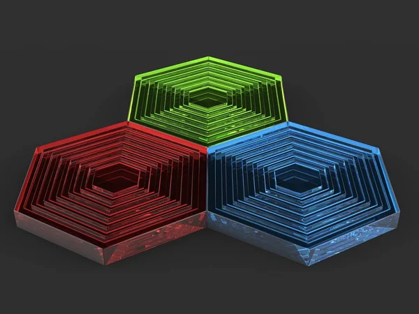 Красивый красный, зеленый и синий стеклянные шестиугольники — стоковое фото