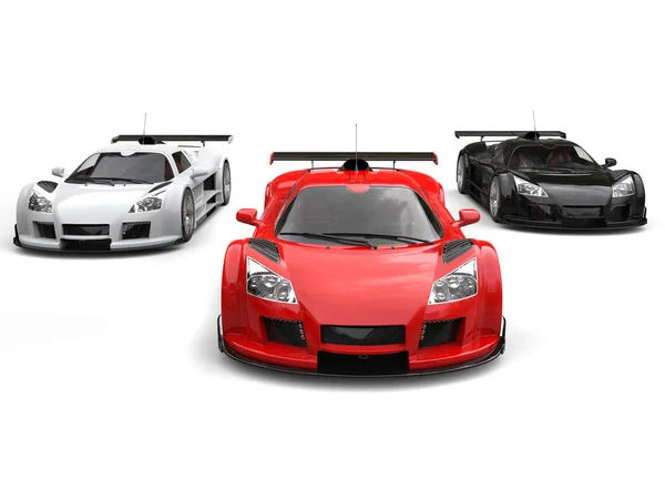 Red, white and black racing supercars - extreme closeup shot — Stock Photo, Image