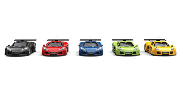 Row of awesome supercars in various colors - front view — Stock Photo, Image
