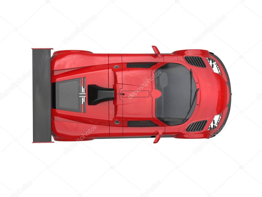 Crimson red urban supercar - top down view