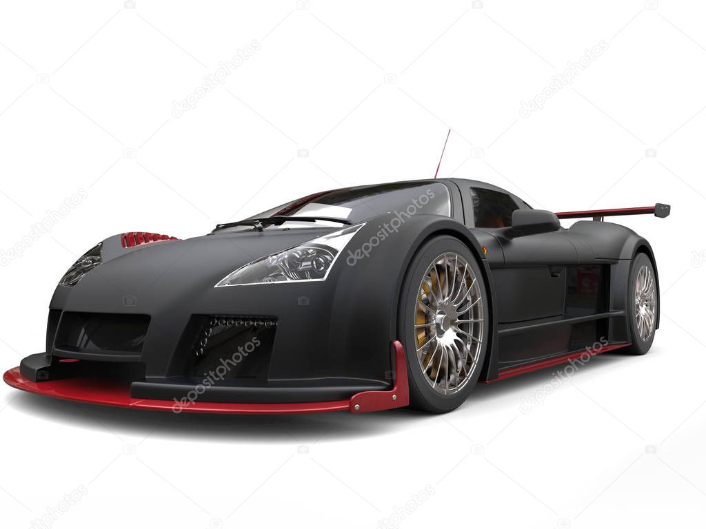 Awesome supercar in matte black paint with red details - studio shot