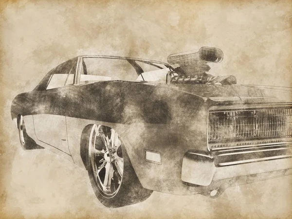 Eski model kırmızı kas araba çizim — Stok fotoğraf