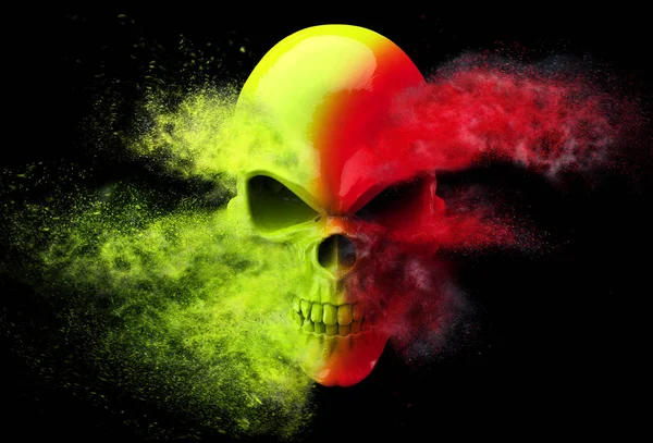 生气的头骨爆炸成红色和绿色的颗粒 — 图库照片