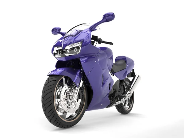 Super purple sports motor bike - front wheel closeup shot — Stock Photo, Image