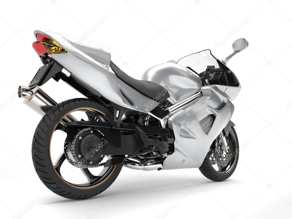 Shiny silver super motor bike - tail view