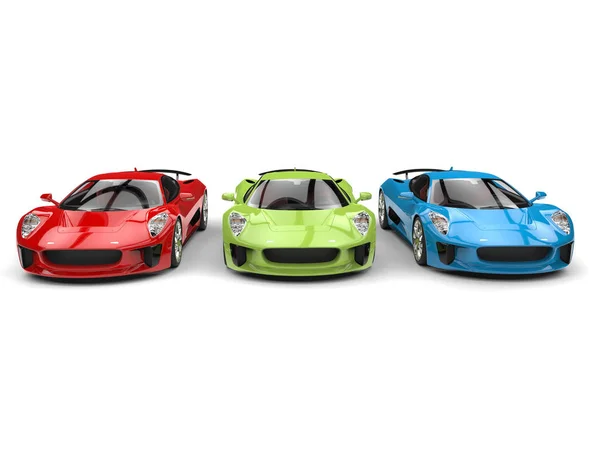 Vermelho, verde e azul elegantes carros esportivos — Fotografia de Stock