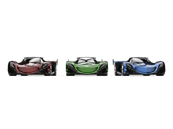 メタリックの赤、緑および青の近代的な概念スーパーカー - 正面図 — ストック写真