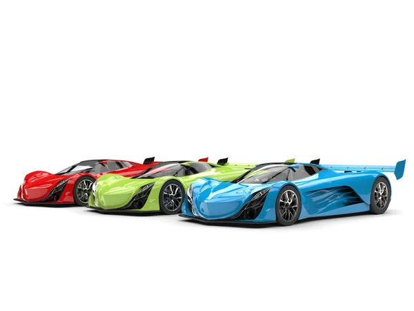 Röda, gröna och blå awesome moderna super konceptbilar sida vid sida — Stockfoto