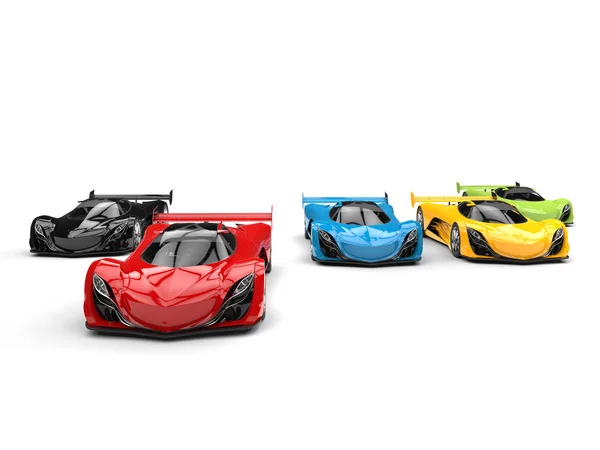 Futuristic concept super race cars - red one leading the race — Stock Photo, Image