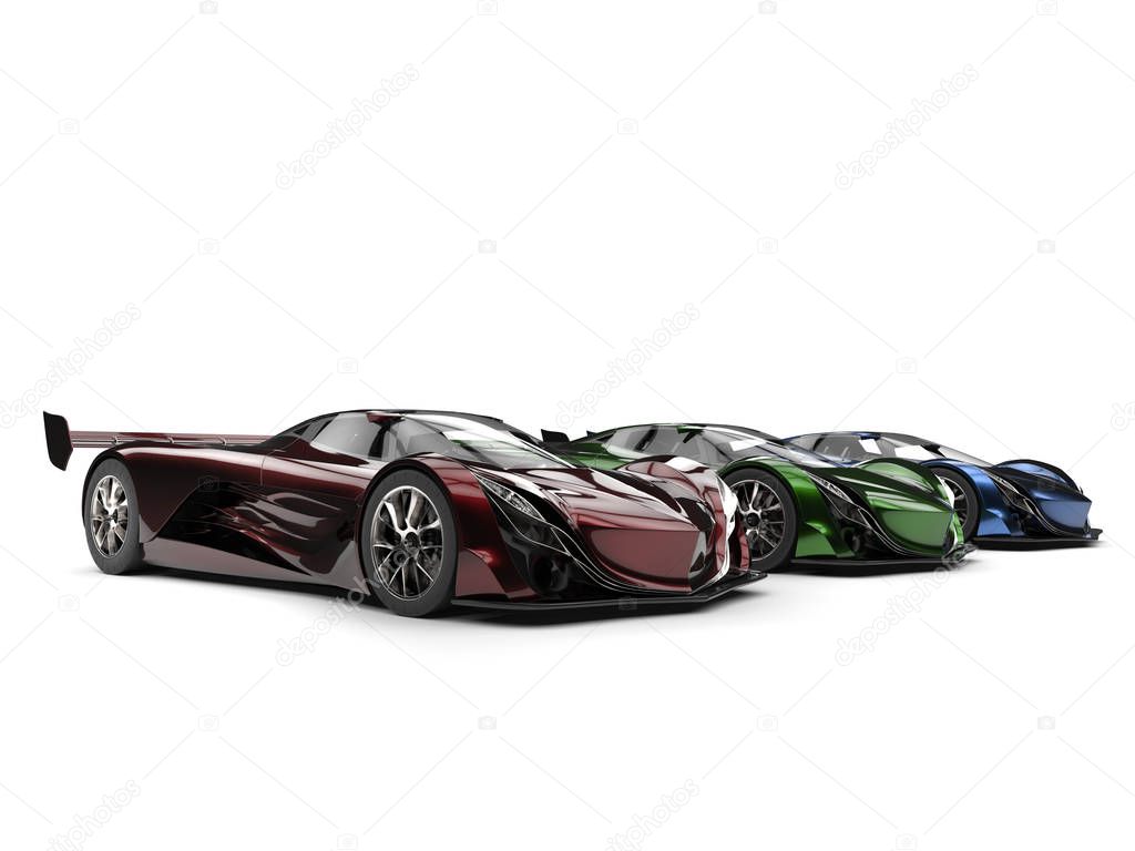 Metallic red, green and blue modern concept super cars in a row