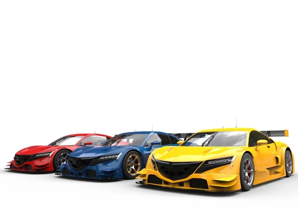 Voitures concept super sport jaunes, bleues et rouges — Photo