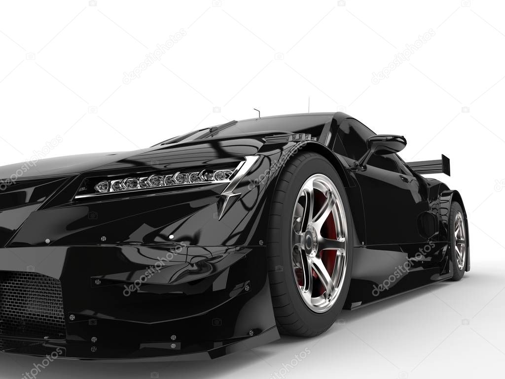 Jet black concept super sports car - headlight closeup shot