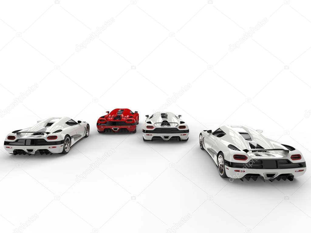 Super sports cars racing - red leading the race - back view