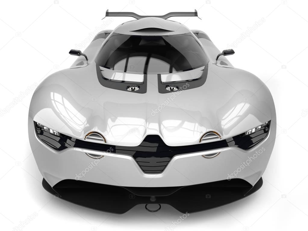 Super sports car - metallic silver - front view closeup