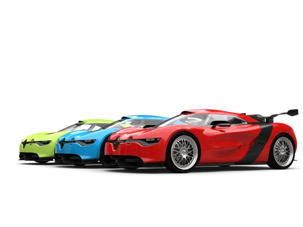 Begreppet sportbilar i röda, gröna och blå färger - skönhet skott — Stockfoto