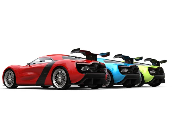 Begreppet sportbilar i röda, gröna och blå färger - bakre vy — Stockfoto