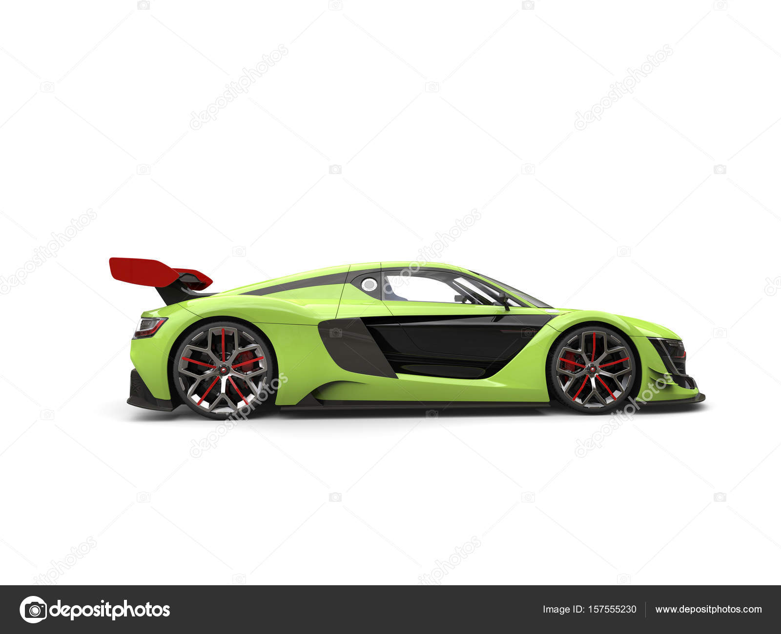 Lime green super sports car with red spoiler Stock Illustration by