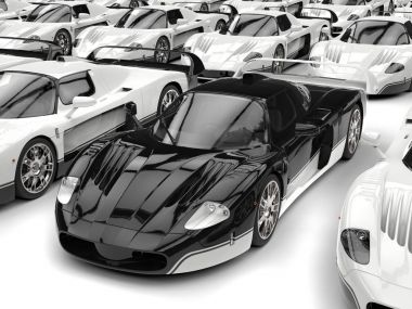 Black concept super car in a crowd of white cars clipart