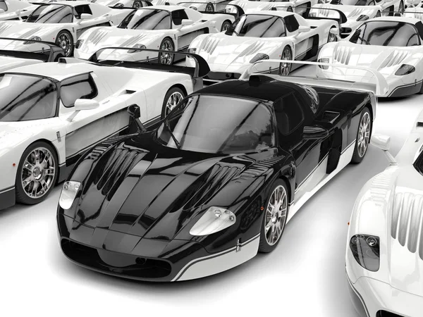 Black concept super car in a crowd of white cars — Stock Photo, Image