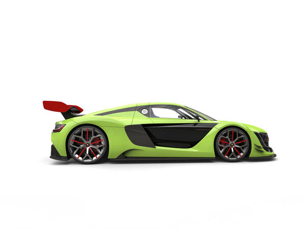 Lime green super sports car with red spoiler