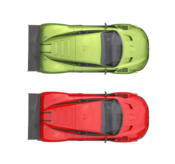 Σούπερ αυτοκίνητα - το top view - μεταλλικά χρώματα πράσινο και κόκκινο — Φωτογραφία Αρχείου