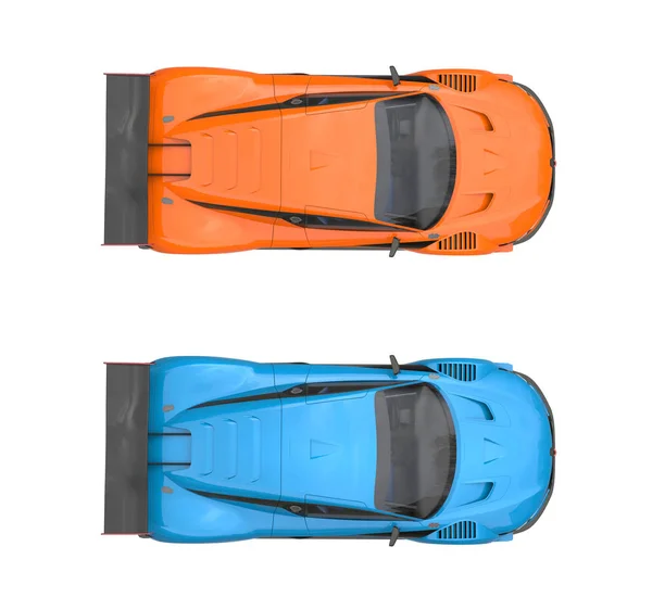 Niebieski metalik i orange super samochody sportowe - widok z góry — Zdjęcie stockowe