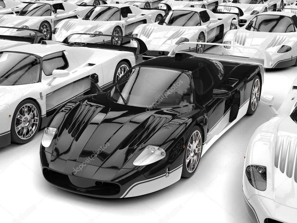Black concept super car in a crowd of white cars