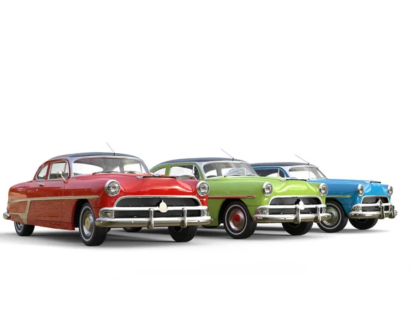 Gloriosos carros antigos vermelhos, verdes e azuis — Fotografia de Stock