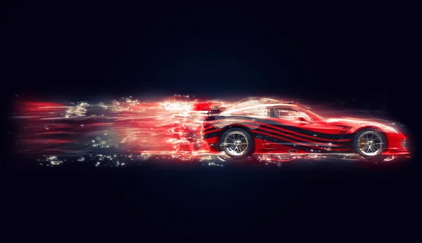 Red concept sports car with black stripes - glow trails — Stock Photo, Image