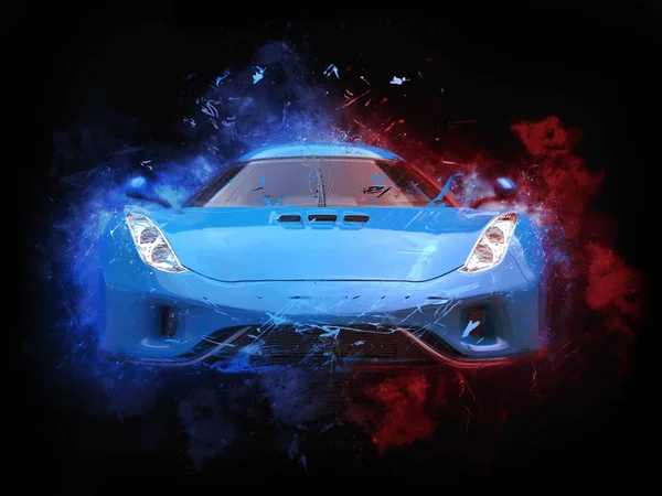 Supercar blu reale - illustrazione schizzi di colore delle particelle — Foto Stock