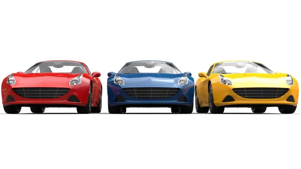 Червоні, синьо-жовті сучасні розкішні спортивні автомобілі - вид спереду — стокове фото