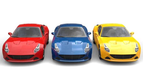 Piros, kék és sárga modern luxus sportautók-felső Front View — Stock Fotó