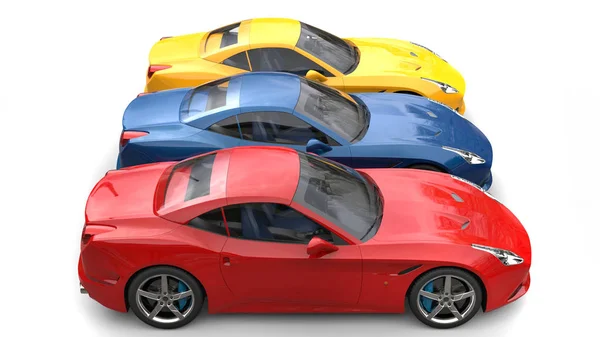 Czerwone, niebieskie i żółte nowoczesne luksusowe samochody sportowe-widok z boku — Zdjęcie stockowe