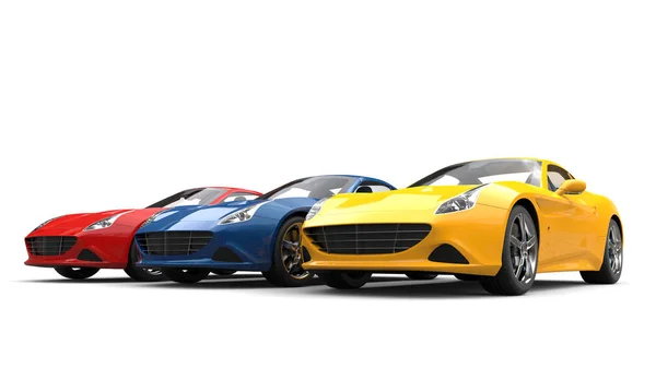 Czerwone, niebieskie i żółte nowoczesne luksusowe samochody sportowe-strzał piękno — Zdjęcie stockowe