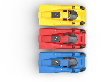 Kırmızı, mavi ve sarı harika vintage yarış arabaları - görünüm üst