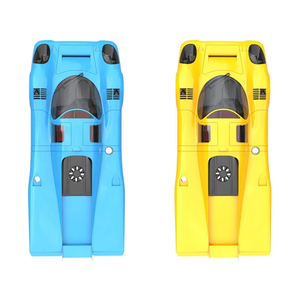 Канарский желтый и голубой винтажные гоночные автомобили - вид сверху вниз — стоковое фото