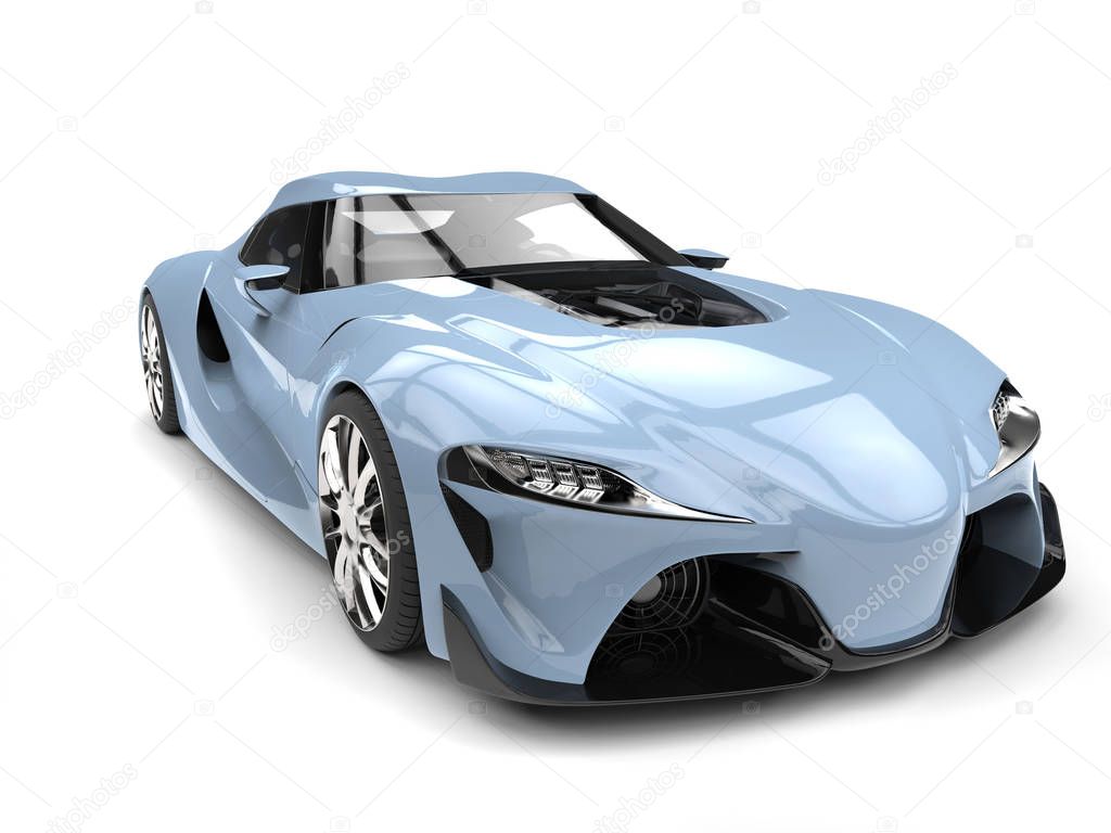 French sky blue modern super sports car - wide angle front view closeup shot