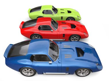 Vintage spor arabalar - kırmızı, yeşil ve mavi - yan yana