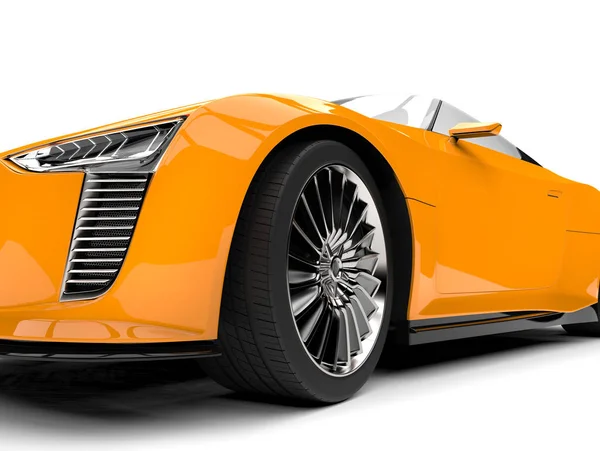 Cadmium yellow modern convertible super sports car - front wheel extreme closeup shot — Stock Photo, Image