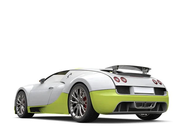 干净的白色现代超级跑车与绿色细节-尾部视图 — 图库照片