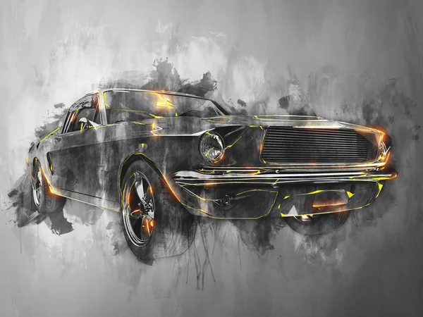 Niesamowite rocznika samochodu mięśni - podkreśla nowoczesny czarno-biały ilustracja z ogniem — Zdjęcie stockowe
