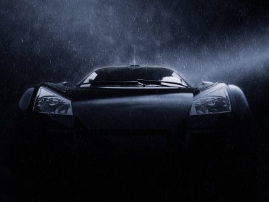 Çarpıcı siyah süper yarış arabası yağmurda - Önden Görünüm 