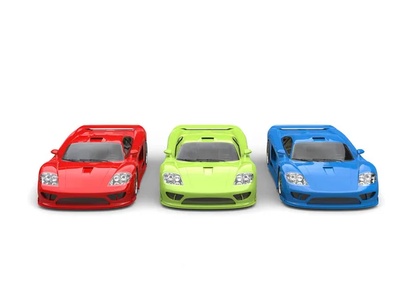 Vermelho, verde e azul conceito super carros desportivos - vista frontal — Fotografia de Stock