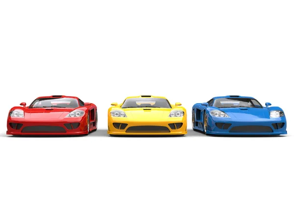 Red, yellow and blue concept super sports cars - front view — Stock Photo, Image