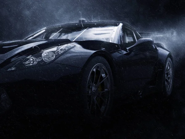 Az eső - fényszóró Vértes lövés modern fekete sportkocsi — Stock Fotó