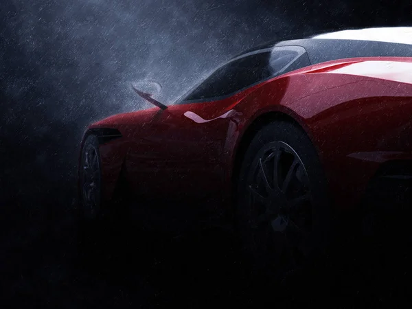 Ogień czerwony sportowy samochód w deszczu - tylne koło zbliżenie strzał — Zdjęcie stockowe