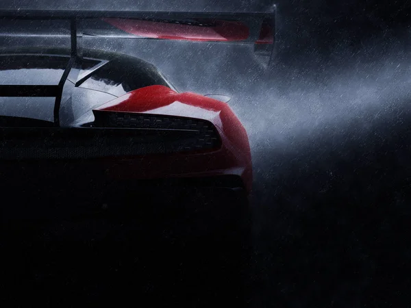 Awesome rode raceauto - nacht geschoten in de regen — Stockfoto