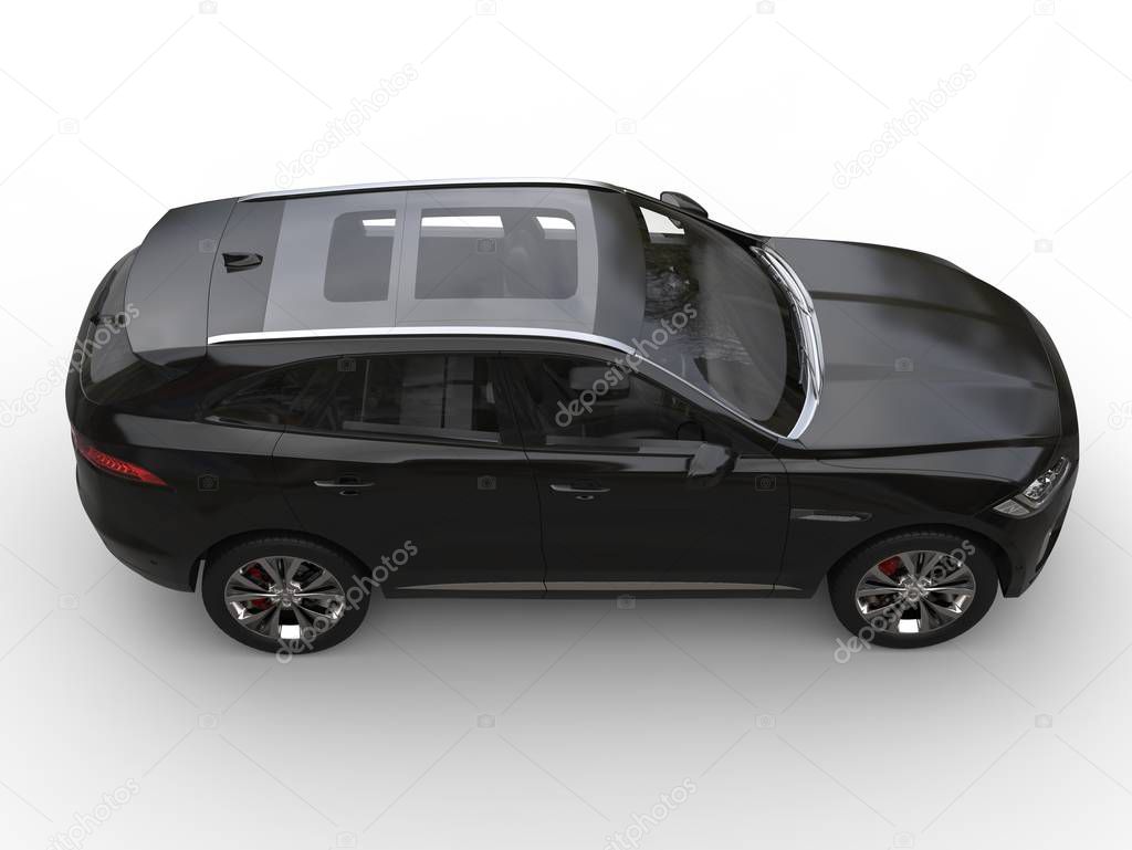 Shiny new black modern SUV - side top view